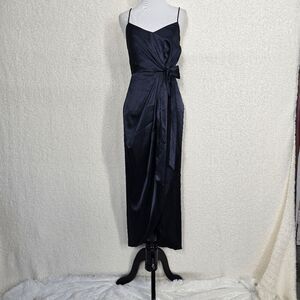 After Six 6828 Midnight Blue Charmeuse Faux Wrap Midi Dress Tulip Skirt 10R